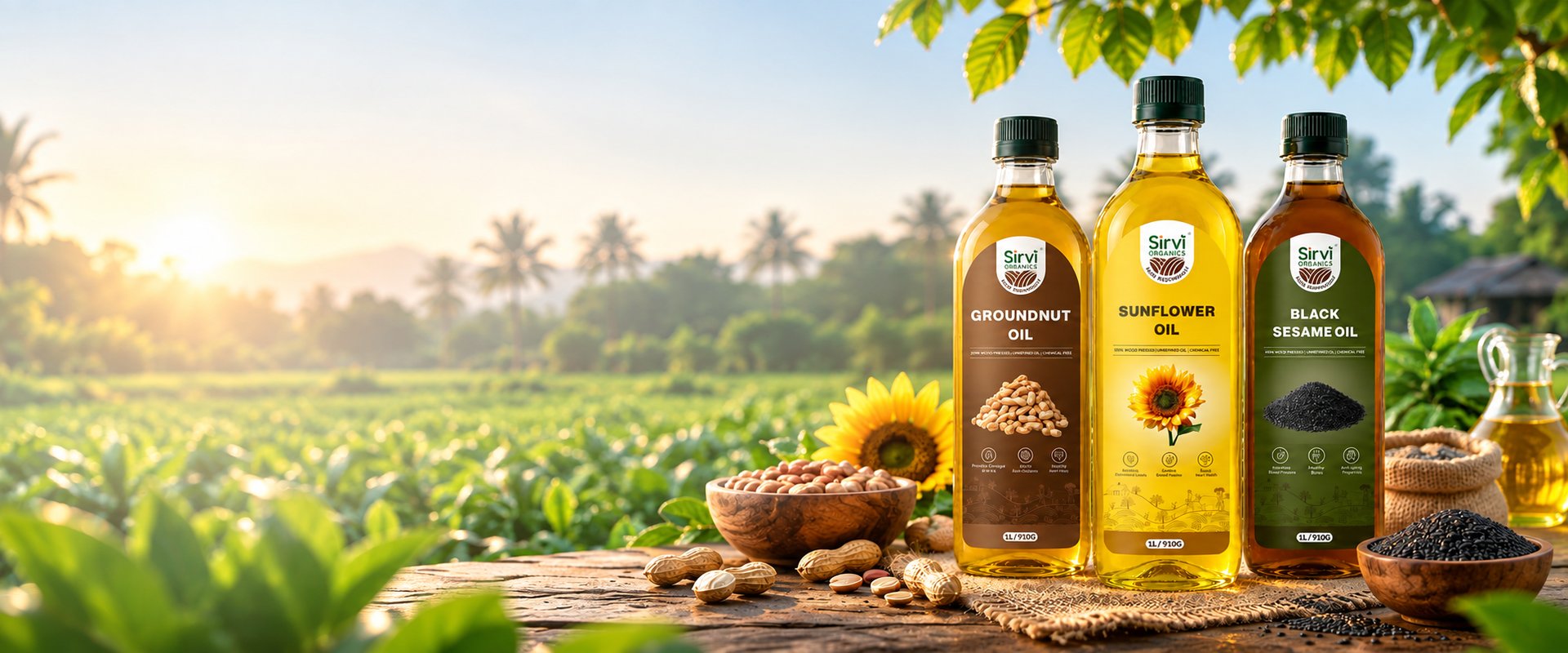 Sirvi Organics cold-pressed oils arranged on a farm table
