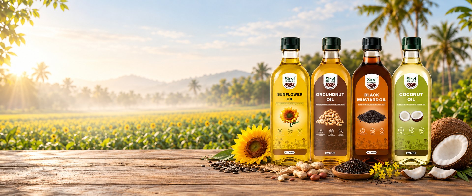 Sirvi Organics cold-pressed oils arranged on a farm table